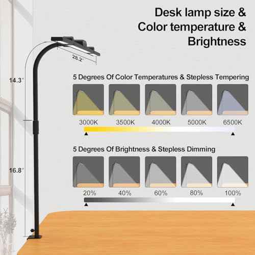 3 Light Bar Goose-Neck Architect Desk Lamp with Clamp, 24W Bright Led Tall Overhead Desk Light for Home Office,Eye Care Reading Table Light for Desktop Working,Drafting,Reading