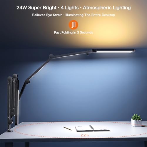 LED Desk Lamp with 4 Light Sources, 24W Super Bright with Remote Control, Ajustable Ambient Lighting, 4 Color Modes & 4 Brightness, Swing Arm, Architect Desk Lamp with Clamp for Home Office