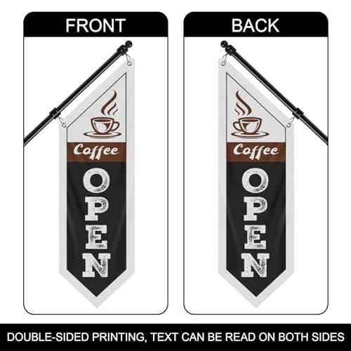 Coffee Open Flag, Double-Sided Coffee Hanging Banner with Flagpole Kit & Bracket ? Coffee Signs for Caf?s, Coffee Shops, and Street Vendors (Black-B, 27")