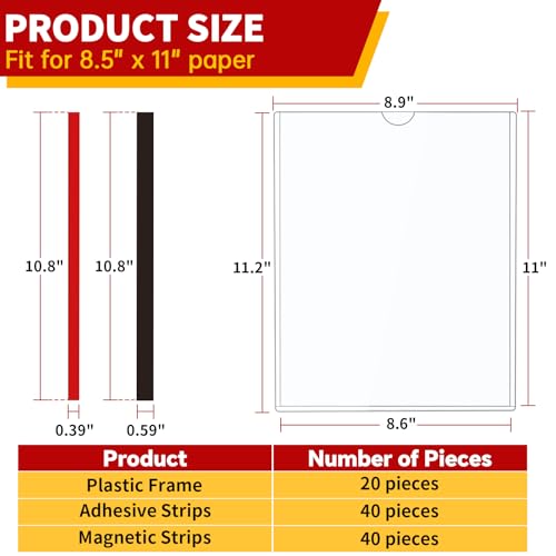 Magnetic Sign Holder 8.5 x 11 - Clear Plastic Frame for Refrigerator, Rigid Paper Holder for Picture Document, Adhesive Frames for Wall Window Door Sign 20 Pack