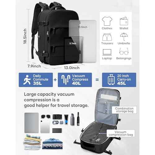 Vacuum Backpack Travel with Pump, Travel Backpack with Vacuum System, Carry on Luggage 18x14x8 Airline Approved Travel Bag, mochila de viaje compresion al vacio, Waterproof Laptop Backpacks,Black
