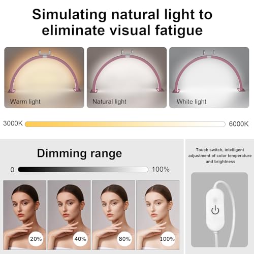 Large 29-inch Half Moon Light for Nail Desk,48W LED Light with Hand Pillow and Phone Holder, Nail Desk lamp for lash Eyelash Extension,Makeup Desk lamp,Color Temperature 3000K-6000K (Pink)