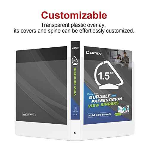Comix Sturdy 1.5 Inch D-Ring Binders, 1.5'' 3 Ring Binder with Clear View Cover, 1-1/2 Inch Rings Holds 350 Sheets of 8.5" x 11" Paper, 6 Packs (White)
