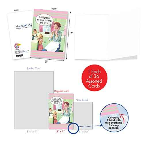 NobleWorks - 36 Assorted Funny Blank Cards Box Set with Envelopes, Mixed Humor Bulk Variety Pack - Just Because, Friendship for Men, Women (36 Designs, 1 Each) - Blank Expressions AC9153OCB-B1x36