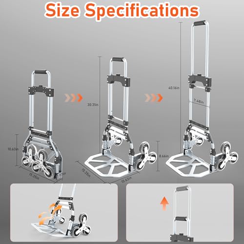 Stair Climbing Cart, 220 LBS Aluminum Stair Climber Dolly, Heavy Duty Folding Hand Truck Dolly with 6 Wheels, Telescoping Handle and Elastic Rope for Home, Moving, Groceries, Warehouse