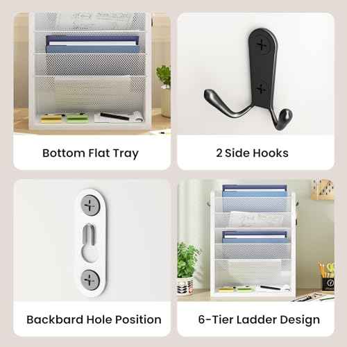 Hanging Wall File Organizer, 6 Tier Wood Wall File Holder with 2 Hooks, Mail Organizer Wall Mounted with Bottom Flat Tray, Vertical Paper Desk Storage for Office, Home, White