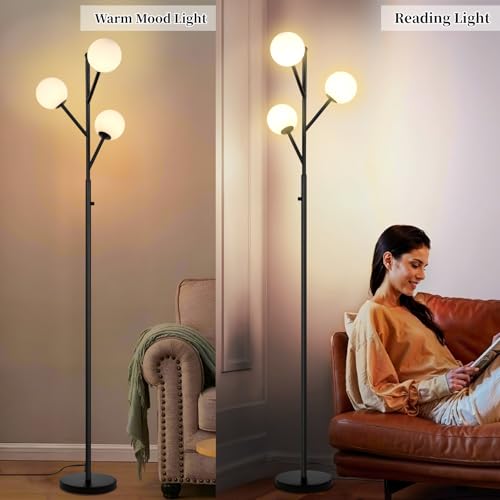 3-Globe Mid Century Black Tree Floor Lamp and Bulbs Included,70in Tall Modern Stepless Dimmable Standing Lamp with Frosted Glass Shade for Living Room Office Bedroom, Study Room(dimmer-Black)