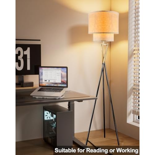 Lightdot Tripod Floor Lamp, Modern Floor Lamps for Living Room, Standing Lamp with Double Linen Shade, E26 Bulb Included, 67.7" Tall Floor Lamp for Bedroom, Home Office