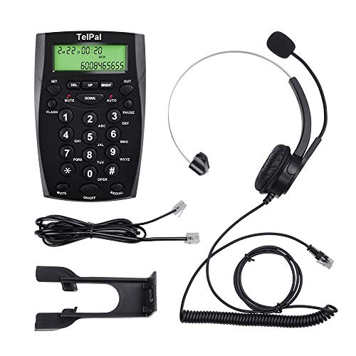 TelPal Call Center Headset Telephone with Dialpad & Noise Cancelling Monoral Over Ear Headphone & Mic, Wired Analog Landline Home & Office Telephone with Caller ID