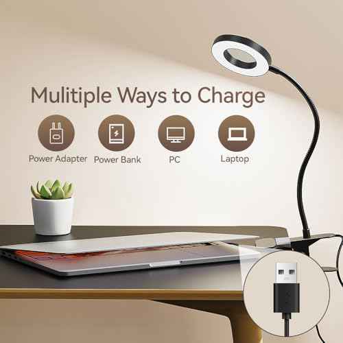 LED Desk Lamp Clip on Light with 3 Color Modes 10 Brightness Levels, 360 Flexible Gooseneck, Eye Protection, USB Charging, Black