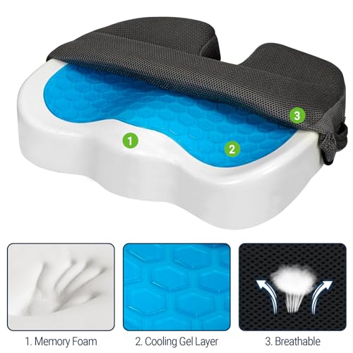 Gel Seat Cushion for Car Office - Memory Foam Pain Relief Chair Pillow Cushions - Tailbone Sciatica Coccyx Butt Lumbar Support Pad for Sitting Driving Traveling, Mesh, Black