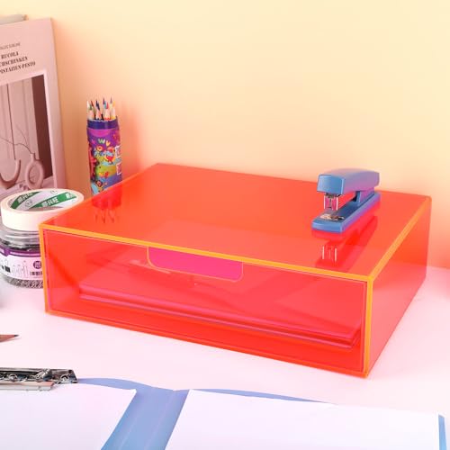 Gelite Acrylic Desk Organizer with Drawer for Makeup Vanity Stackable Desktop Storage Box for Office Supplies, 13.8 x 9.8 x 3.9¡¯¡¯, Neon Pink