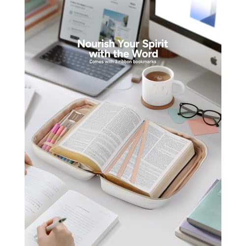 Quilted Vegan Leather Bible Cover, Color-Blocked Bible Cover Case for Women, Large Bible Carrying Case with Handle, Bible Study Supplies & Christian Gift for Women (White & Brown, M/L)