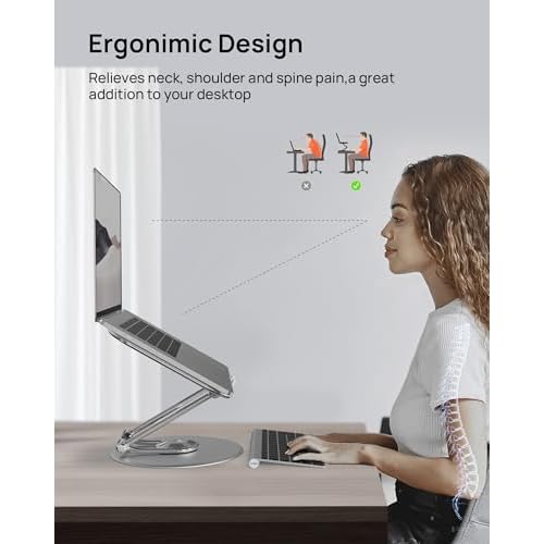 SODI Fixable Adjustable Laptop Stand with 360 Rotating Base, Ergonomic Laptop Stand for Easy Storage, Foldable Laptop Riser Compatible with MacBook Pro/Air up to 16", Silver