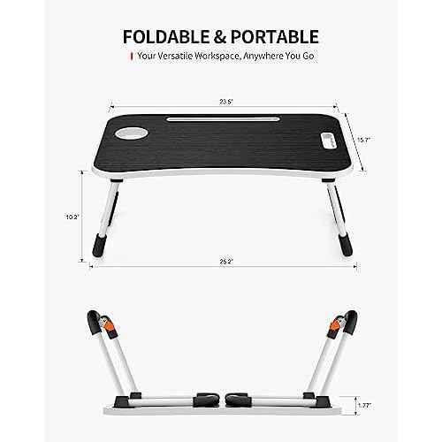 Foldable Laptop Table, Portable Lap Desk Bed Table Tray, Laptop Stand with Cup Holder & Tablet Slot & Lifting Handle for Working Writing Drawing & Eating (Black)