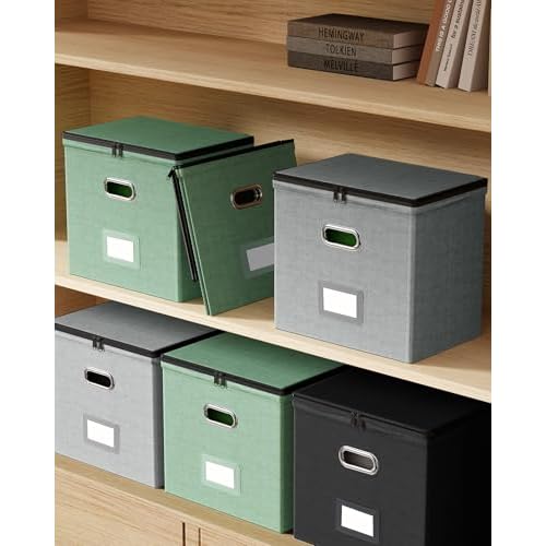 Oterri 2 Pack File Organizer Boxes with Lids, File Box with Mesh Pockets, Document Organizer Box for File Folders Letter Size, Zippers Filing Box for Home, Office, School (Green, Without Folders)