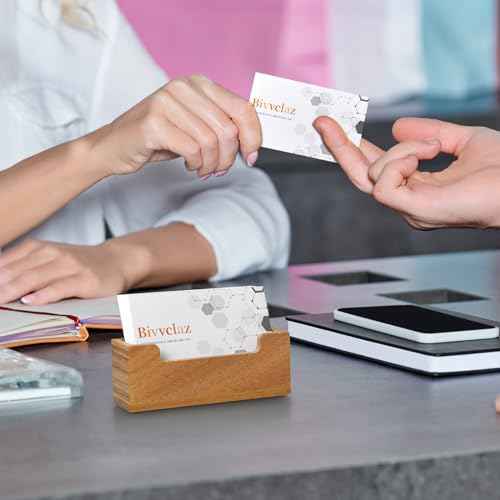Bivvclaz Business Card Holder Desk, Acacia Wood Business Card Organizer Desktop Business Card Display Stand for Office Tabletop Exhibition, Small Business Essentials