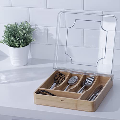 Kitchen Drawer Organizer, 13 Inch Silverware Utensil Tray Holder,with Removable Lid, 5 Slots Total Bamboo Wood Caddy for Flatware Cutlery Knives, Forks, Spoons.