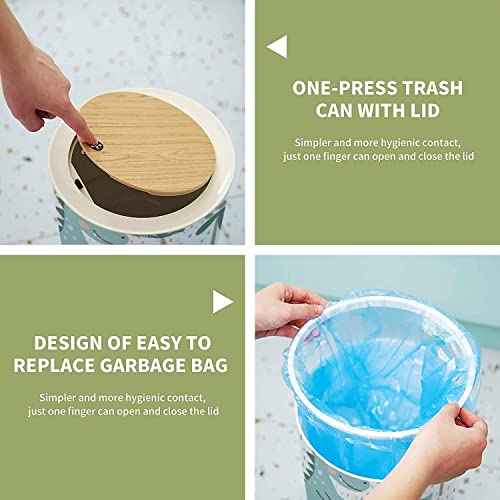 Dinosaur Kids Small Cute Bathroom Trash Can with Lid, Kawaii Dog Child Proof Dino Palm Garbage Bin, Wood Waste Bin, Press Cover, Round Wastebasket, 8.66 x 14.3 inch