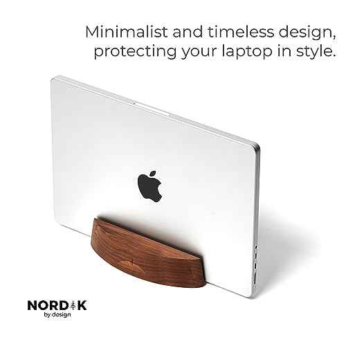Nordik Adjustable Vertical Laptop Stand - Walnut - Premium Laptop Holder for Home Office, Software Engineers - Space Saving Desk Laptop Dock - Stable Non-Slip Wood Stand - MacBook Pro