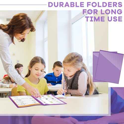Henoyso 24 Pcs School and Home 2 Pocket Folders with 4 Clear Inner Pockets Plastic Heavy Duty Homework Folders Parent Teacher Communication for Student Home Office Classroom,11 x 9 Inch (Purple)