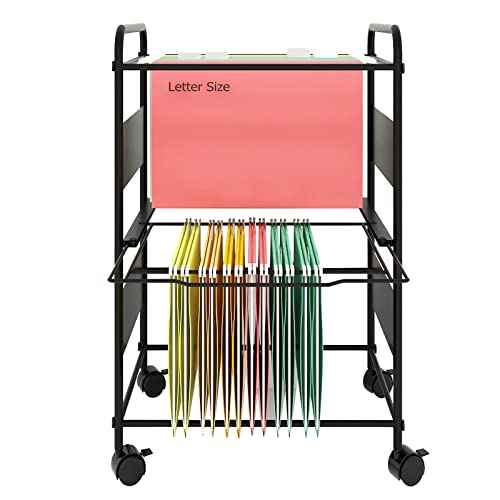 PUNCIA 2-Tier Metal Rolling File Cart with Wheels and Hanging Files for Letter Size - Movable Pull-Out Folder Rack Drawer Cabinet for Home Office