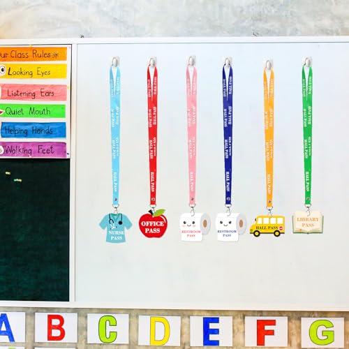 Cute Set of 6 PVC Classroom Passes with Lanyards - School Supplies, Office & Library Access, Teacher Organizer (Sereliy)