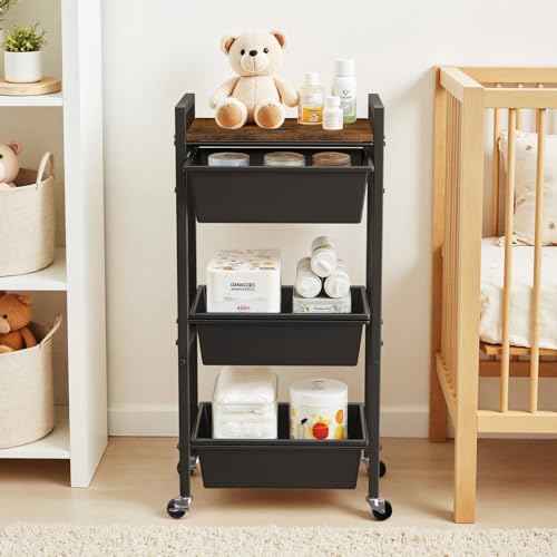 3 Tier Rolling Utility Cart with Drawer, Plastic Drawer Storage Snack Craft Book Cart with Lockable Wheels & Wood Tabletop, Metal Shelf Storage Organizer Cart for Kitchen, Bedroom, Office, Black