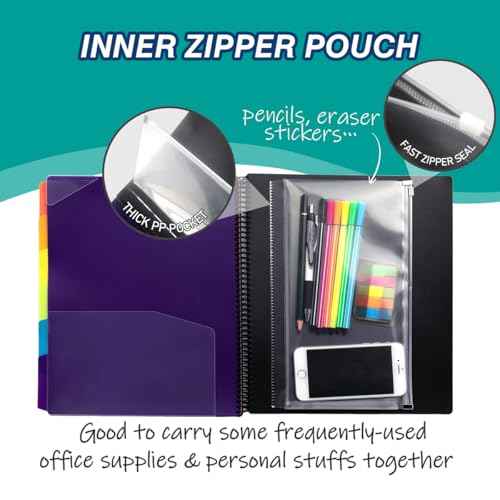 H4D 12 Pocket Poly Project Organizer, Spiral Multi Pocket Folder Organizer, Multi-Subject Folder Notebook, Letter Size