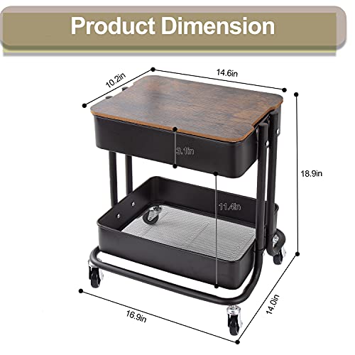 Melody House 2-Tier Metal Utility Rolling Cart Storage Organizer with Cover Board Mobile Trolley Sofa Side Table with Wheels for Office Home Kitchen Organization Black