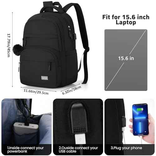 YAMTION Black School Backpack Set for Women,High School Bookbag for Girls Middle School Bags for Kids with Charger Ports for College Work