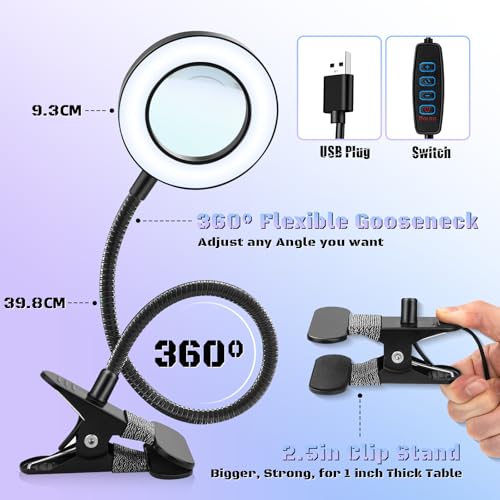 Black 10X LED Lighted Magnifying Glass with Clip & Adjustable Arm