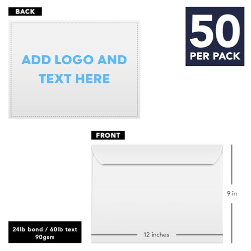 Custom 9x12 Booklet Envelopes - Upload Logo & Return Address - Bright White, Sturdy, 50 Pack