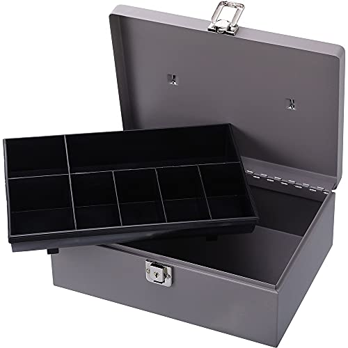 Sparco All-Steel Cash Box with Latch Lock, 1 Bill/6 Coin Trays, 4" H x 11" W x 7-3/4" D, Gray