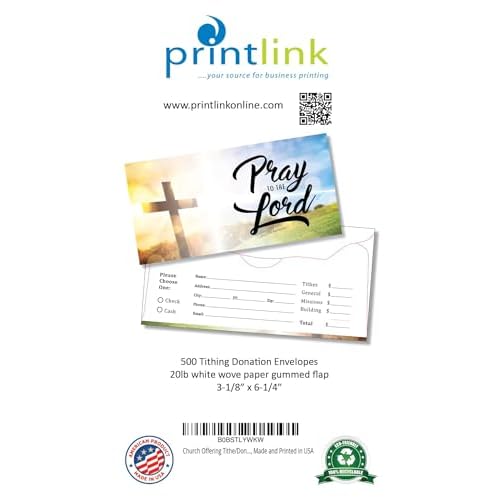 Printlink - 500 Tithes and Offering Envelopes for Church, 3 1/8" x 6 1/4", 20lb White Wove Paper, Full Color Printing on the Front and Back, Dry Gummed Tabbed Scalloped Flap, Made and Printed in USA