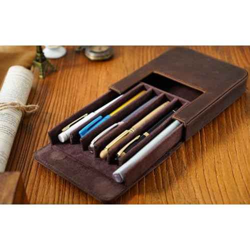 Leather Fountain Pen Case Collector Organizer,Pencil Case Handmade Pen Protective Sleeve (Magnetic 6 slots)