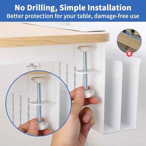 LUKETURE Desk Side Storage, 2 Tier Steel Side Desk Organizer, No Drill Laptop Holder, Clamp on Laptop Mount with Pen Holder, Fits Flat Edge Tables 0.3" to 2.8" (White, L(2 Tier))