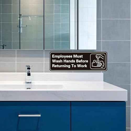 5 Pack Employees Must Wash Hands Sign,9 X 3 Inch Waterproof Acrylic Sign With Symbols,Self-Adhesive,Indoor/Outdoor Use for Hotels,Restaurants,Rest Areas,Salons,Public Restrooms
