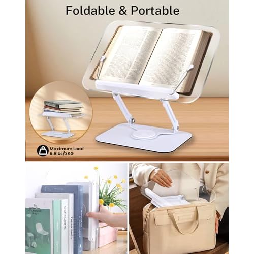 ASIEIT Book Stand for Reading, Acrylic Adjustable Book Holder with 360¡Æ Rotating Bases & Elastic Page Clips, Foldable Desktop Riser, Multifunctional Display Stand for Bible, Laptop, Recipe, Textbook