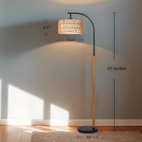65¡± Brown Black Boho Floor Lamp for Living Room, 1200 Lumens 3-Level Brightness Rattan Arc Floor Lamp for Bedroom, Wood Mid Century Modern Arc Standing Lamp, Boho Tall Lamp, LED Bulb Included