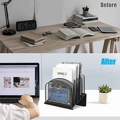 Inclined Desk File Organizer, 5-Section Vertical File Folder Holder Stand Metal Rack File Sorter for Office Classroom Desktop Organization (Black, 1Pack)