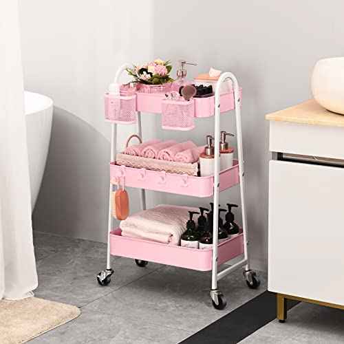 KINGRACK 3 Tier Utility Rolling Carts, Metal Rolling Storage Cart, Craft Art Cart with Handle and Locking Wheels & 2 Hanging Baskets 4 Hooks for Bathroom, Bedroom, Pink