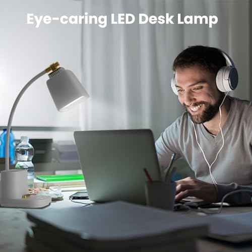 Desk Lamp with USB Charging Port & Pen Holder, LED Desk Light for Home Office, Touch Dimmable, Ideal for Study, Reading, and Work (White)