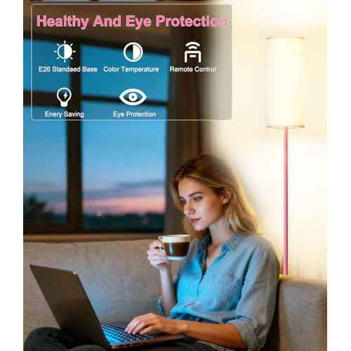luckystyle LED Floor Lamp for Living Room, Dimmable Tall Lamps with Foot Switch,Remote Custom Color Temperature Pink Pole Lamp with Lampshade,12W Led Bulb Standing Lamps for Bedroom Office Kid Room