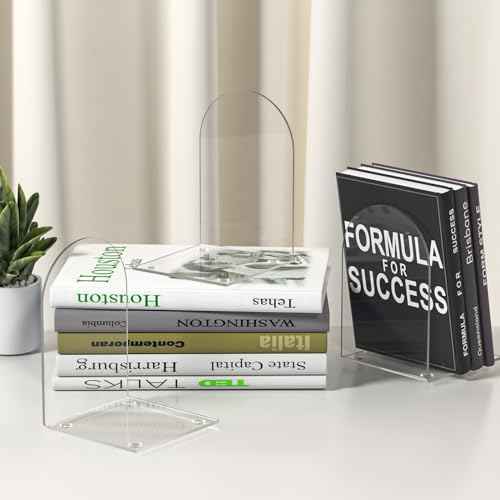 Acrylic Bookends 4 Pieces, Clear Bookends for Shelves, Book Ends for Shelves and Desktop Organizer, Transparent Shelf Book Stopper to Hold Books for Home Office Supplies