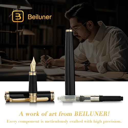 BEILUNER Black Fountain Pen,Stunning Luxury Pens with 24K Gold Accents, Gorgeous 24K Gilded Nib(Fine), Trustworthy Pen Gift for Men&Women -Ink Converter-Elegant, Reliable,Fancy Pen for Writing