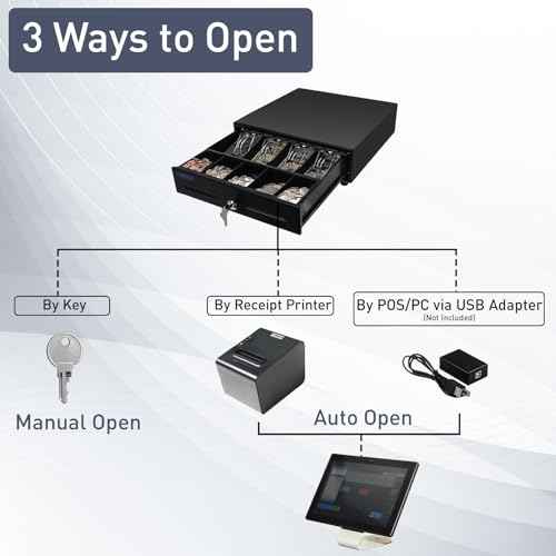 RIBAO 13'' Cash Registers Cash Drawer for Point of Sale(POS) System, 4 Bill 5 Coin with Adjustable Coin Slots, 24V, RJ11/RJ12 Interface 4 Key-Lock