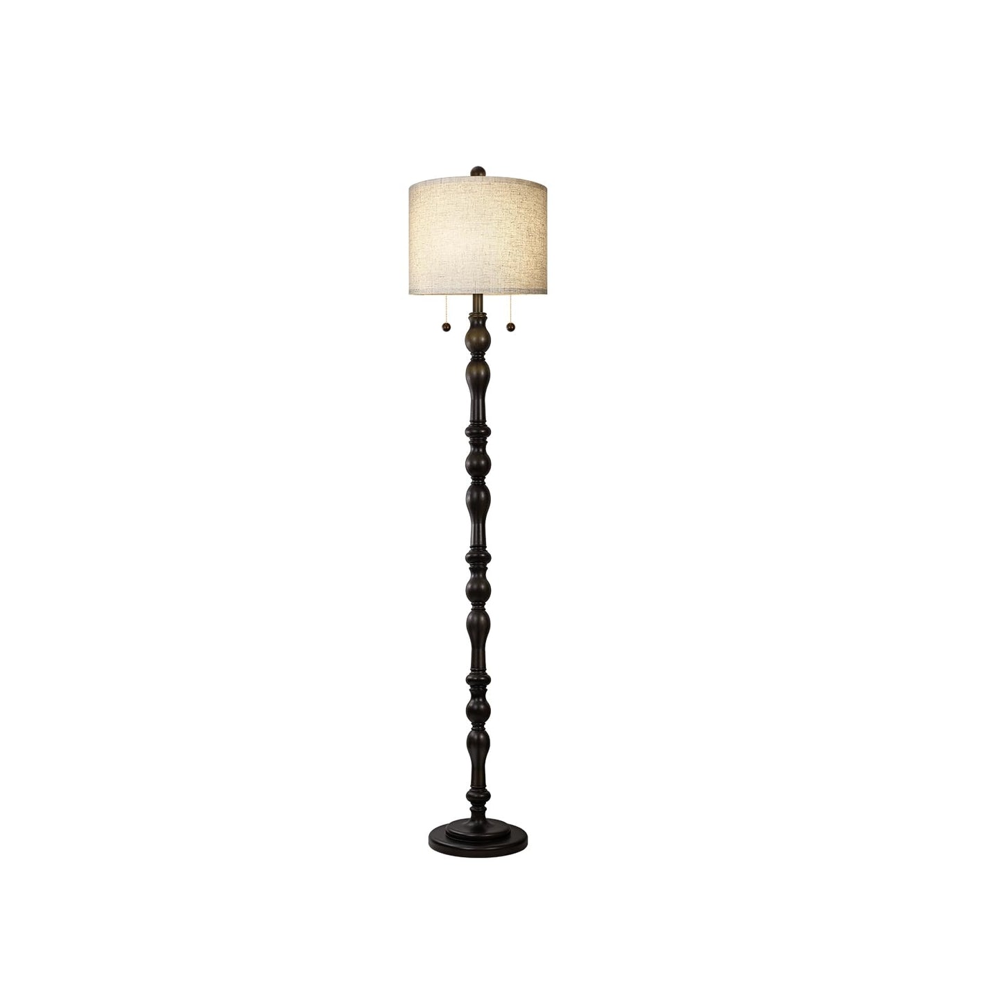 Scenekoy 65.5 Natural Real Wood Rustic Floor Lamp for Living Room Bedroom, Dual Pull Chains Switch, Wooden Base, Retro Farmhouse Tall Standing Lamp with Linen Shade for Living Room Office Home Room