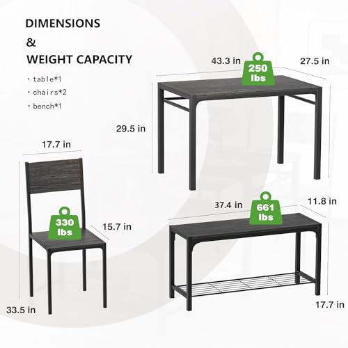 YESHOMY Grey 4-Piece Kitchen Table & Chairs Set with Storage Bench
