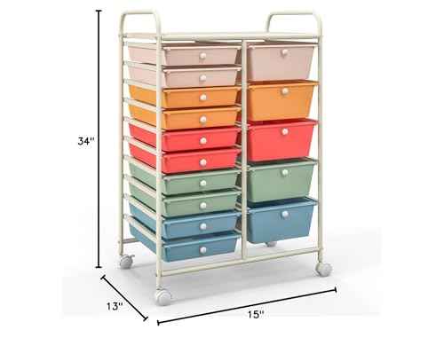 HOMGX Storage Cart with 15 Drawers, 15 Tier Multicolor Rolling Cart, File & Debris Storage Drawers on Lockable Wheels, Rolling Drawer Cart for Office/School/Home, Macaron